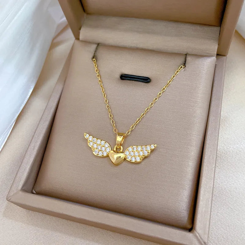 Long Life Necklaces-Titanium Steel Copper Gold Plated Inlay Heart Shape Wings Zircon Pendant Necklace