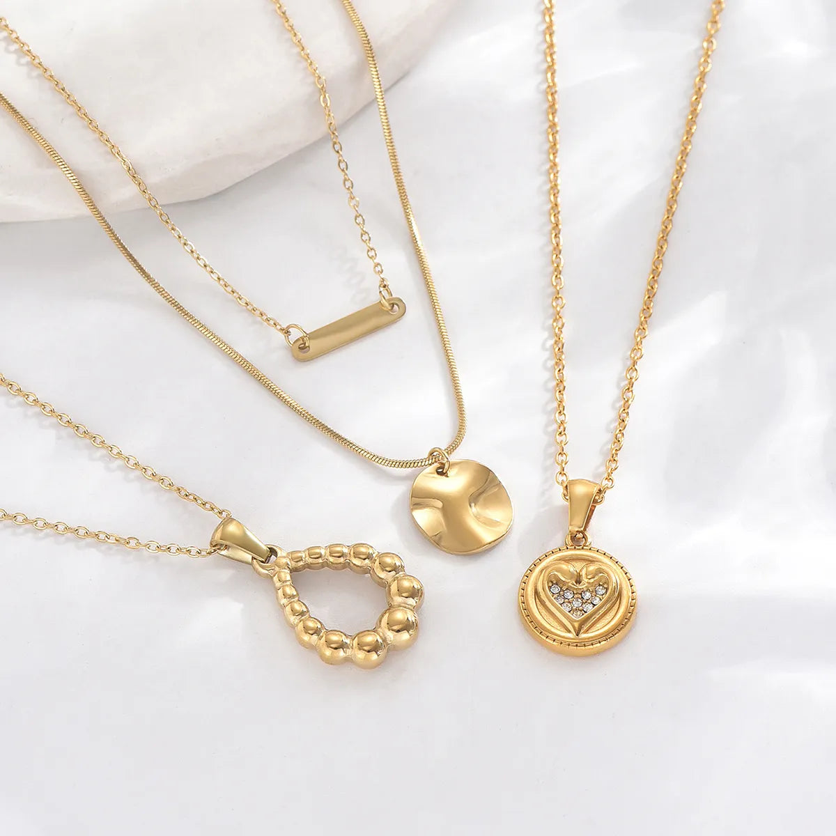 Best Fine Necklaces-Stainless Steel 14K Gold Plated Elegant Romantic Classic Style Round Water Droplets Heart Shape Hollow Out Inlay Zircon Double Layer Necklaces Pendant Necklace