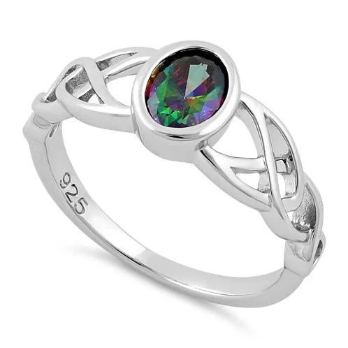 Rings Wear Ease-Sterling Silver Oval Rainbow Topaz CZ Celtic Ring