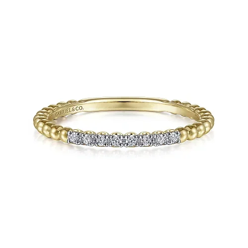 Solid Rings For Use-Diamond Beaded Bar Stackable Band in 14K Yellow Gold