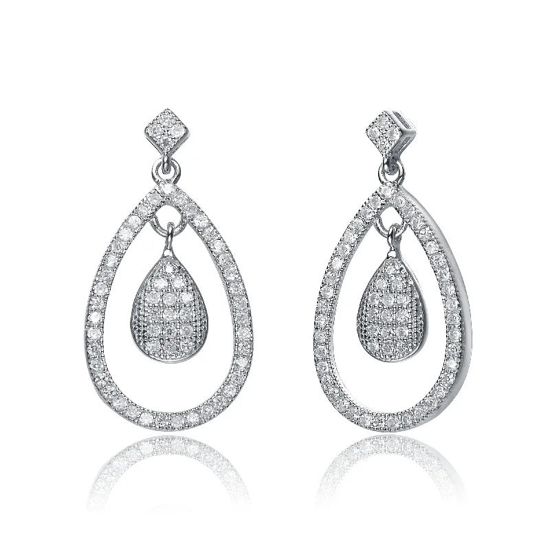 Earrings With Secure Backs-Cubic Zirconia Sterling Silver Rhodium Plated Outlined Pear Shape Drop Earrings