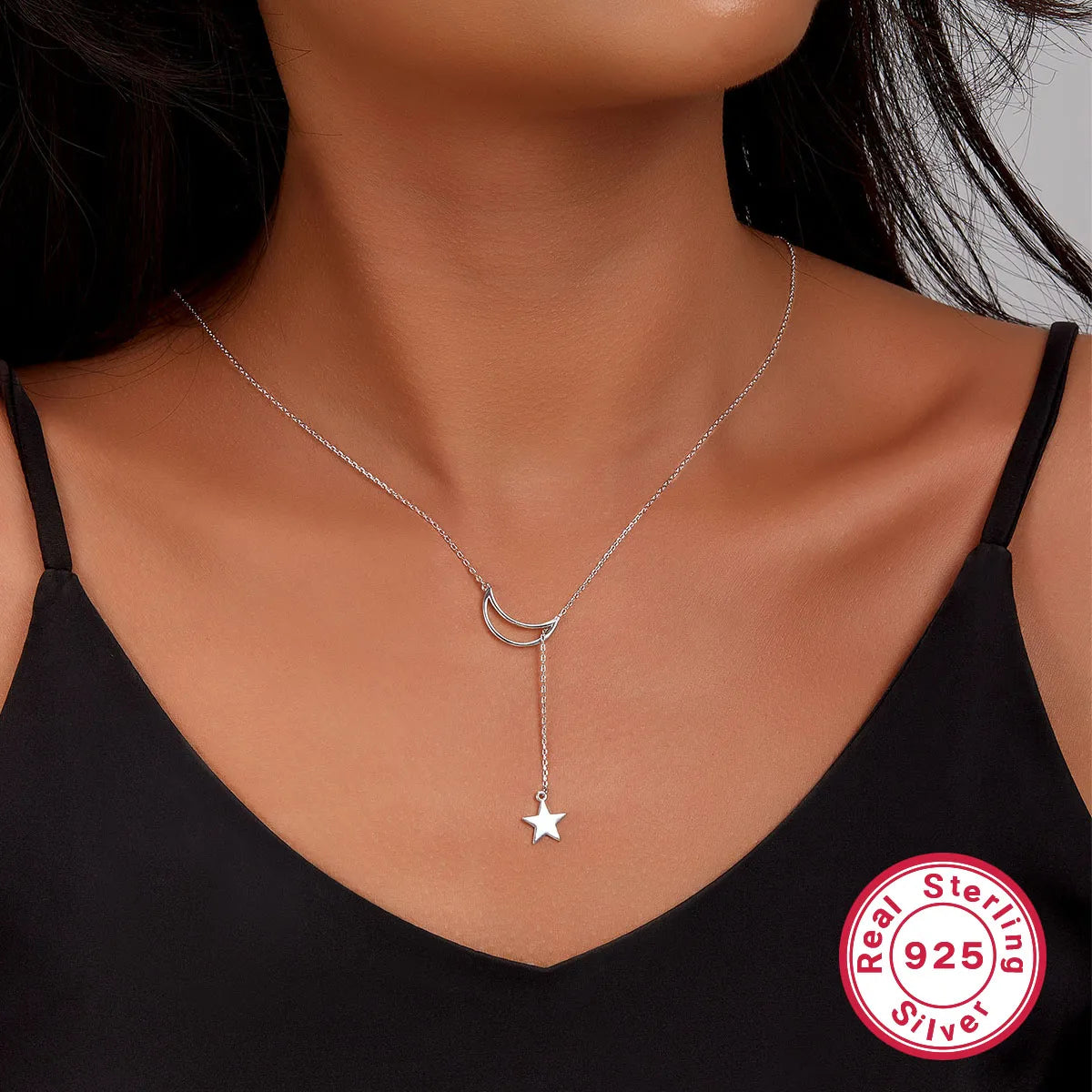 Necklaces Fit Rating-Elegant Simple Style Star Moon Sterling Silver Plating White Gold Plated Pendant Necklace