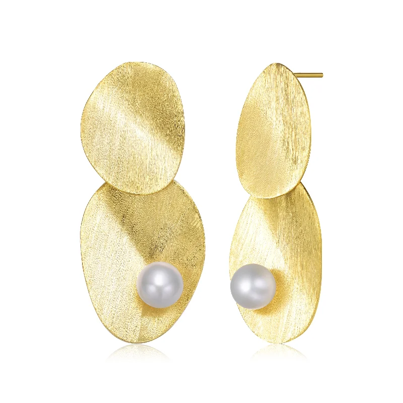 Earrings For High Glow-Delphine Brushed Leaf Golden Pearl Earrings