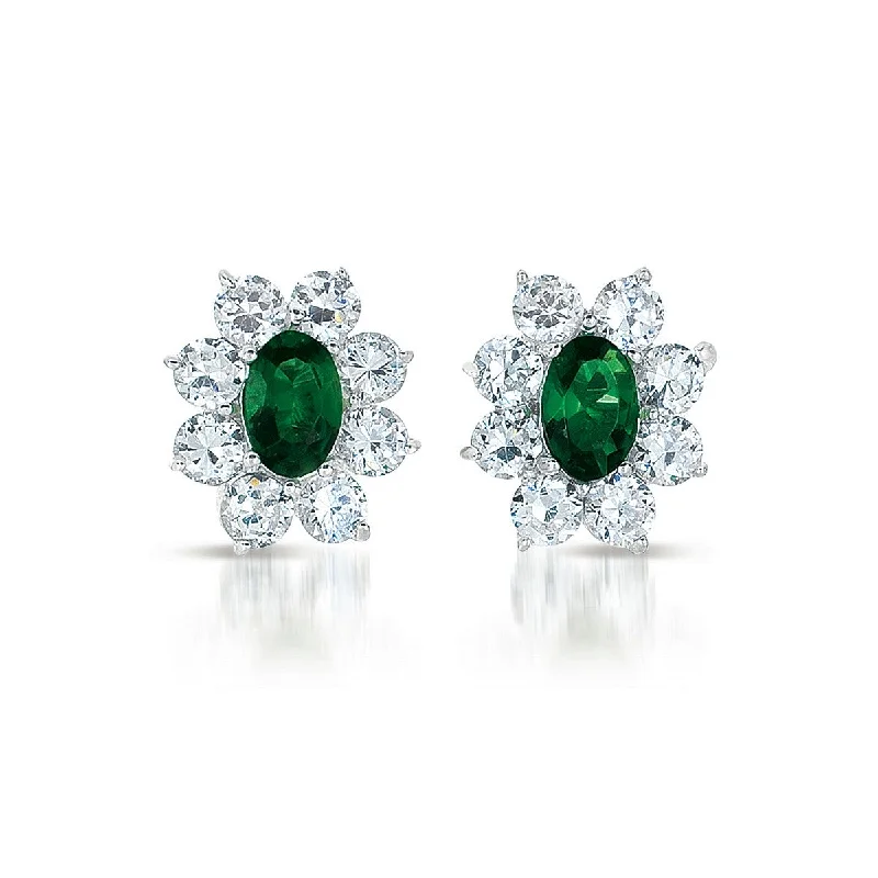 Bright Earrings For Shine-Sterling Silver Emerald Cubic Zirconia Flower Stud Earrings