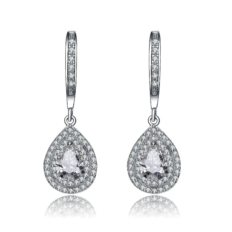 Earrings Shine Tips-Sterling Silver Pear Drop Cubic Zirconia with Double Halo Earrings