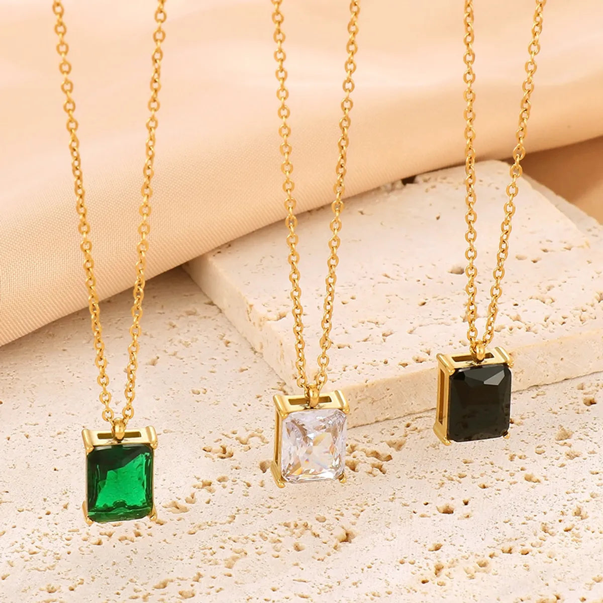 Necklaces For Huge Nights-Luxurious Square Stainless Steel Inlay Zircon 18k Gold Plated Pendant Necklace