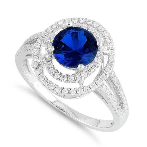 Rings With Fun Shapes-Sterling Silver Double Halo Round Blue Sapphire CZ Ring