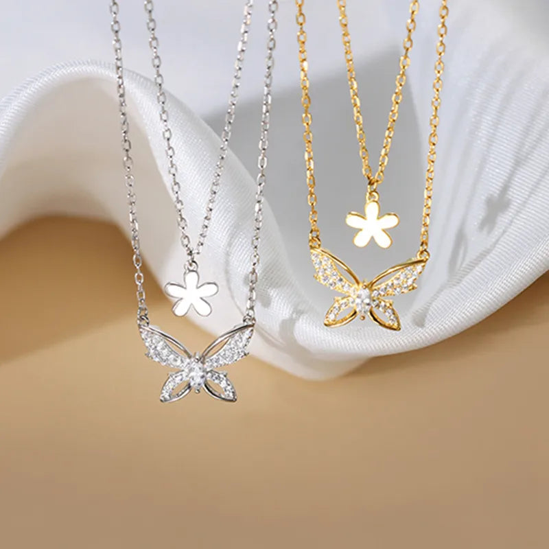 Necklaces For Active Hours-Copper Silver Plated Sweet Simple Style Plating Inlay Butterfly Zircon Layered Necklaces