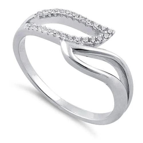 Rings For Preteens-Sterling Silver Unique Wavy Clear CZ Ring