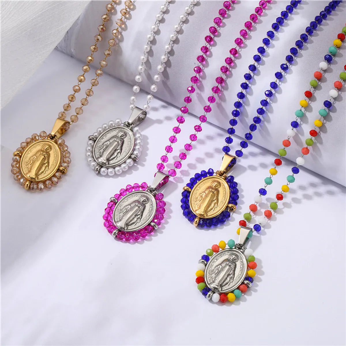 Necklaces For Road Style-Fashion Stainless Steel Virgin Pendent Colorful Glass Beads Necklace Wholesale Gooddiy