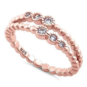 Rings For Wrist Sets-Sterling Silver Rose Gold Plated Double Beaded Clear CZ Ring