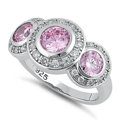 Rings For Solo Time-Sterling Silver Pink Three Stone Halo CZ Ring