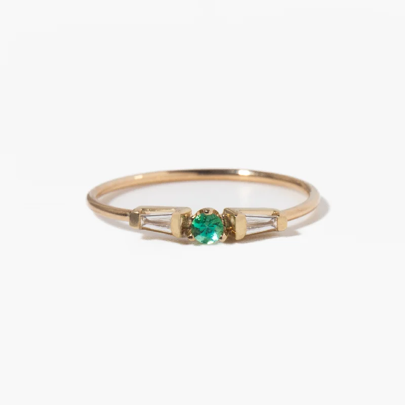 Rings For Middle Age-Emerald & Tapered Baguette Diamond Three-Stone Ring