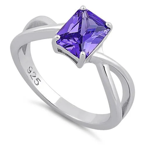 Rings Buy Advice-Sterling Silver Twist Emerald Cut Amethyst CZ Ring