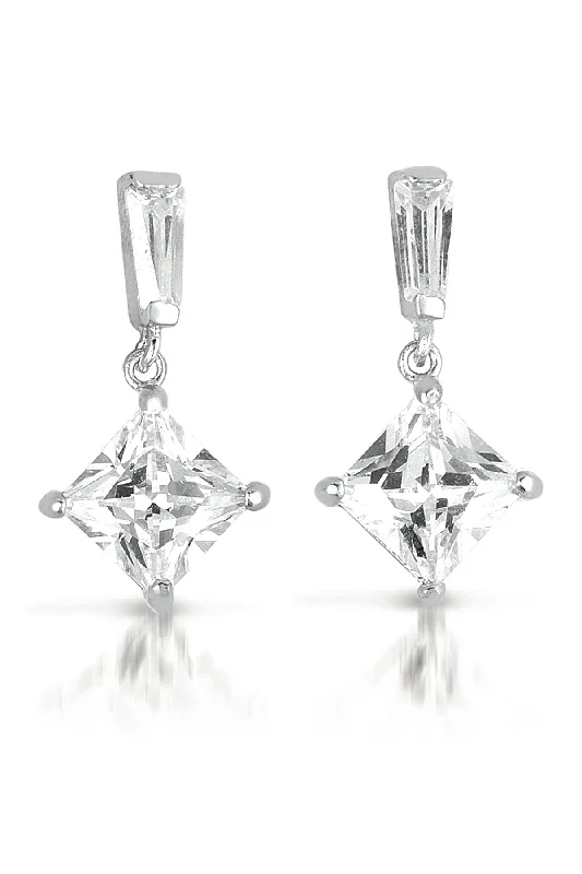 Earrings Glow Guide-Sterling Silver Rhodium Plated Clear Princess Cubic Zirconia Drop Earrings