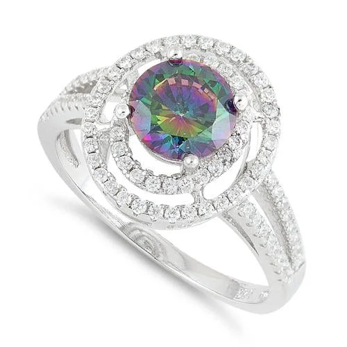 Rings Fit Test-Sterling Silver Double Halo Round Rainbow Topaz CZ Ring