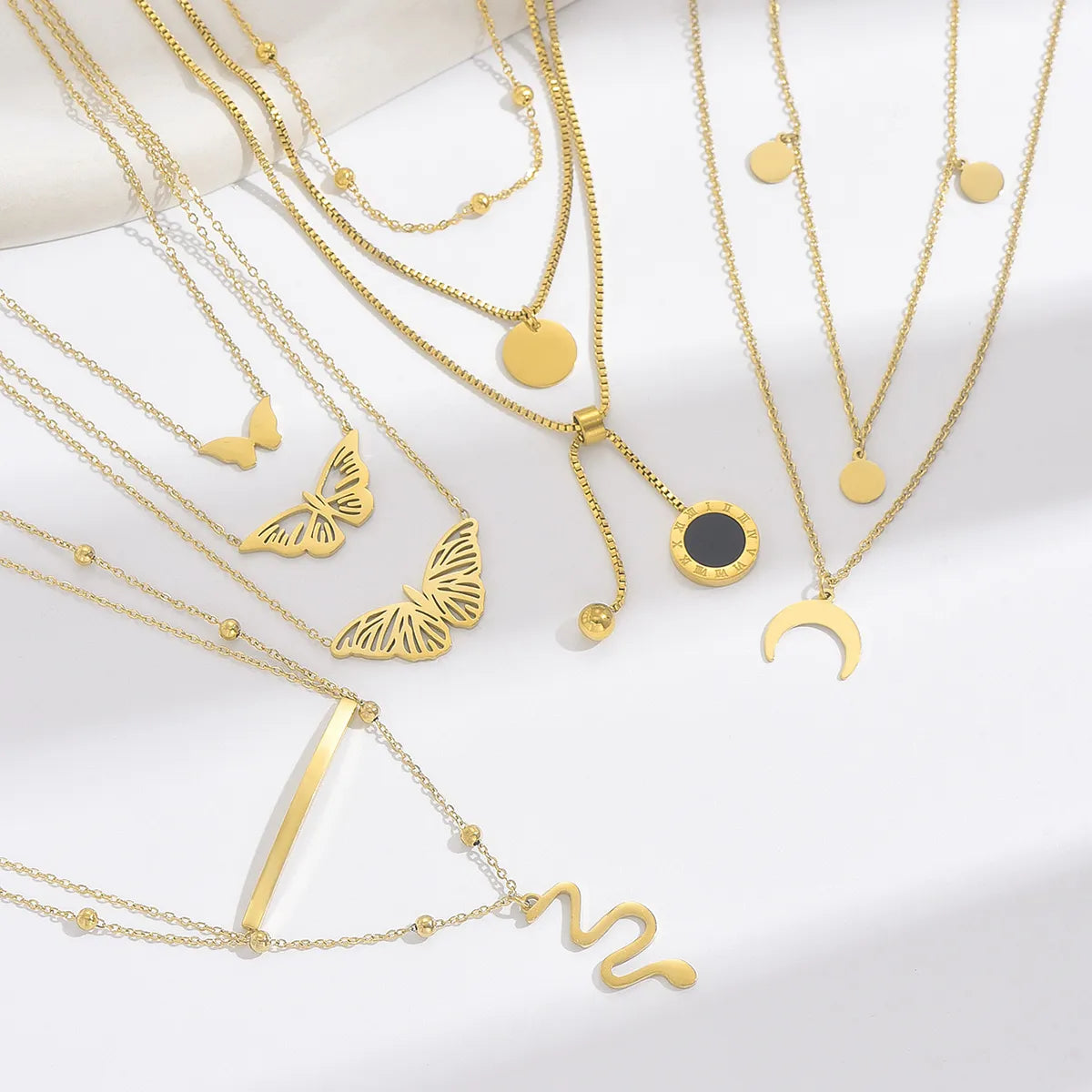 Necklaces With Flowing Drops-Elegant Classic Style Roman Style Moon Snake Butterfly Stainless Steel Plating Hollow Out Inlay Acrylic 14k Gold Plated Layered Necklaces