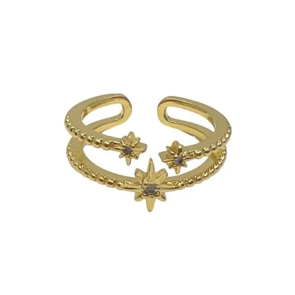 Long Life Rings-Adjustable Ring: Double CZ Band With Stars: 18kt Gold Fill (RG2/45STR)