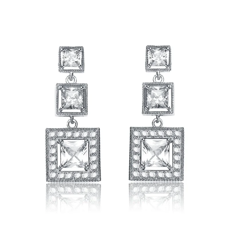 Earrings For Wise Fans-Cubic Zirconia Sterling Silver Rhodium Plated Square Shape Drop Earrings