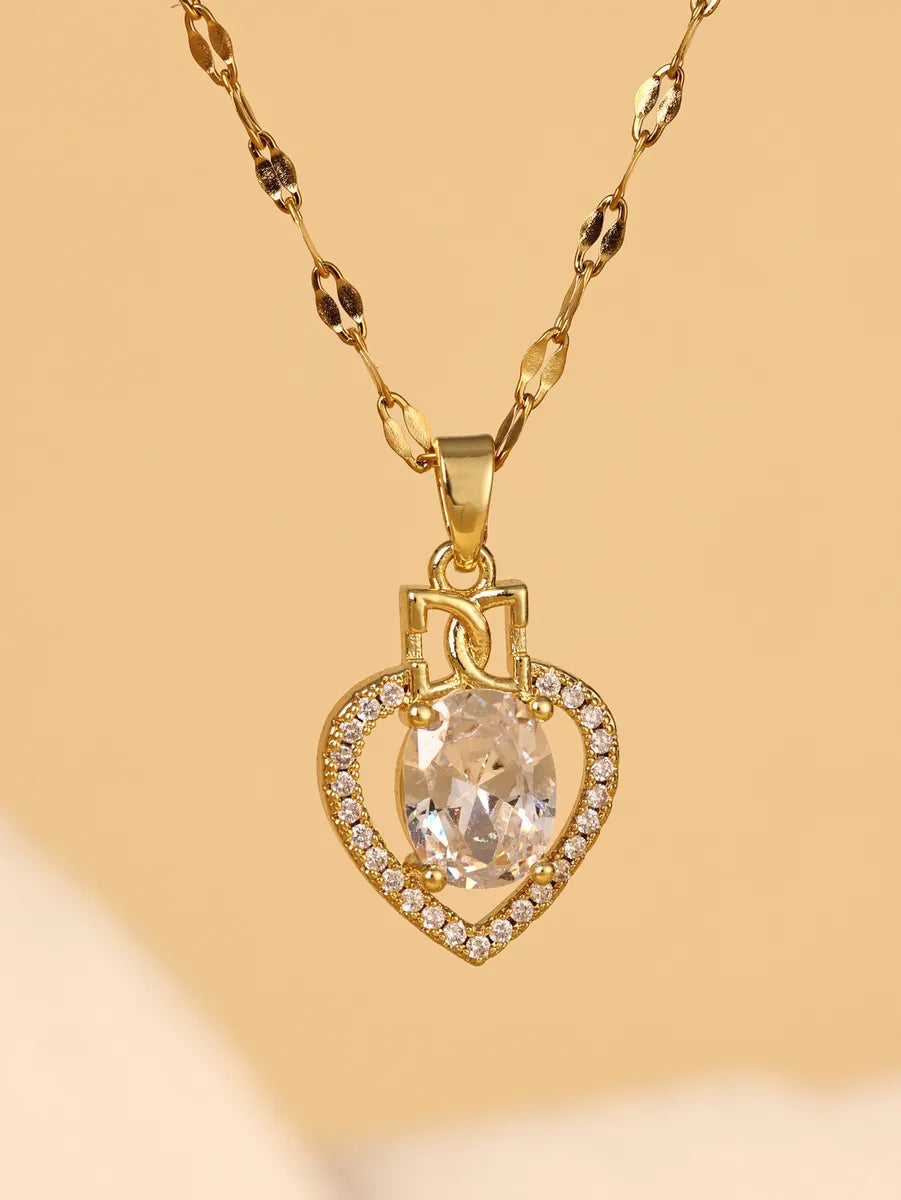 Necklaces With Satin Look-Stainless Steel 18K Gold Plated Elegant Glam Luxurious Oval Heart Shape Hollow Out Inlay Zircon Pendant Necklace