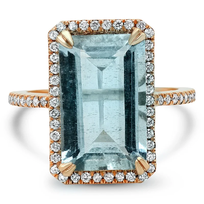 Easy Rings For Wear-Emerald Cut Aquamarine with Diamond Halo Statement Ring