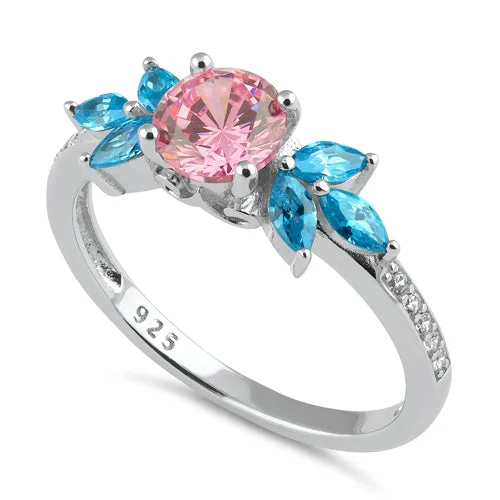 Rings Size Advice-Sterling Silver Flower Leaves Pink and Blue CZ Ring