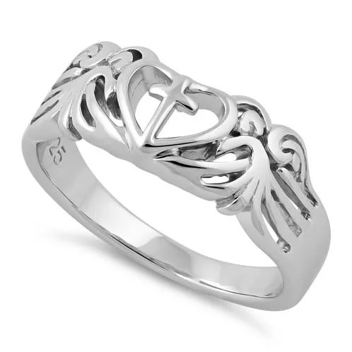 Rings Flair Advice-Sterling Silver Cross Heart Wings Ring