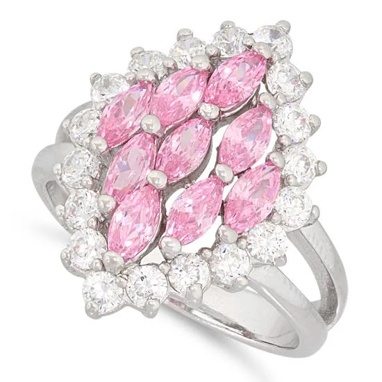 Rings For Earthy Tones-Sterling Silver Elegant Pink Marquise Cut CZ Ring