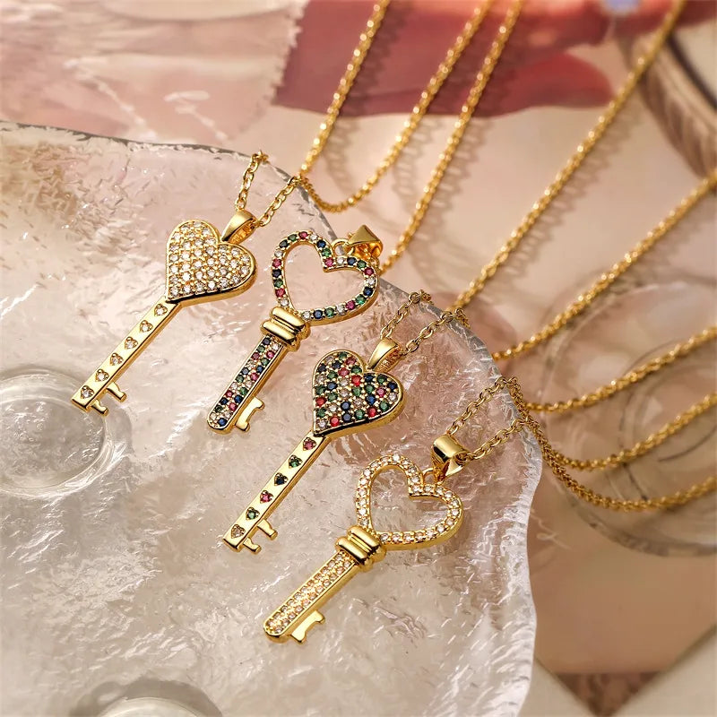 Necklaces With Stone Pendants-Ig Style Simple Style Heart Shape Key Copper Plating Inlay Zircon Gold Plated Pendant Necklace