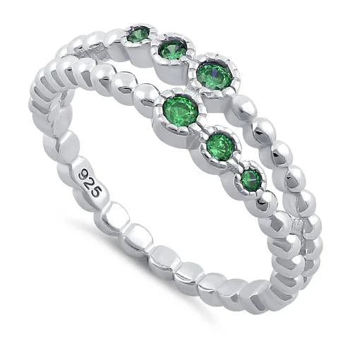 Bright Rings For Pop-Sterling Silver Double Beaded Emerald CZ Ring