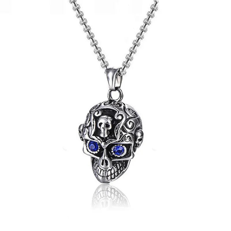 Pattern Skull Pendant Necklace-Blue Eye