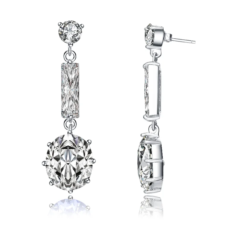 Earrings For Casual Dates-Sterling Silver Elongated Cubic Zirconia Oval Cut Dangle Earrings