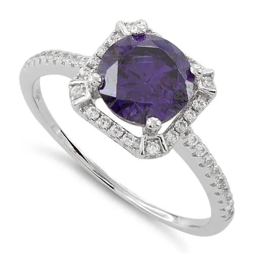 Rings Ease Guide-Sterling Silver Amethyst Round Halo Pave CZ Ring