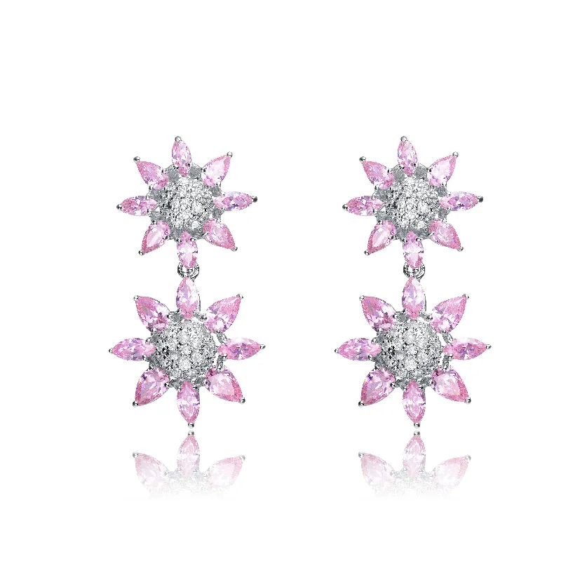 Earrings For Choker Styles-Sterling Silver Clear & Pink Cubic Zirconia Pave Flower Earrings