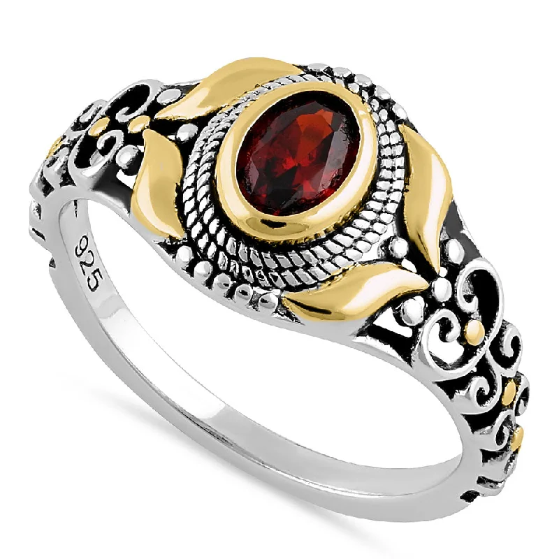 Rings For Gown Style-Sterling Silver Gold Plated Detailing Austere Oval Cut Dark Garnet CZ Ring