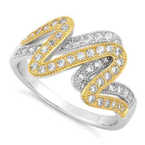 Best Soft Rings-Sterling Silver Scribble Two-tone Gold Plated CZ Ring