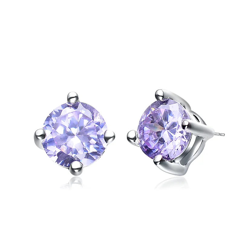 Fine Earrings For Elegance-Sterling Silver Lavender Cubic Zirconia Round Earrings