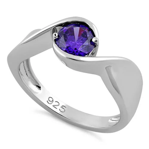 Rings For Petite Fingers-Sterling Silver Twisted Round Amethyst CZ Ring