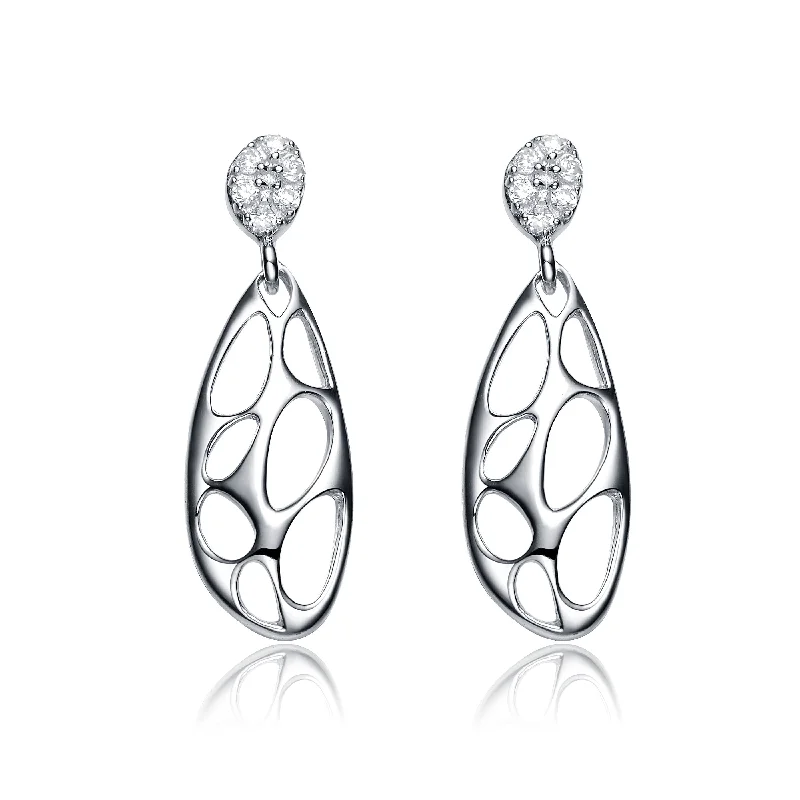 Earrings For Restful Nights-Sterling Silver Cubic Zirconia Oval Drop Lace Design Earrings