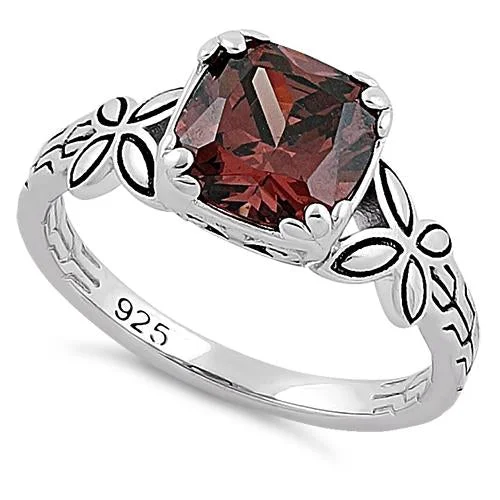 Rings Buffing Tips-Sterling Silver Twin Butterfly Cushion Cut Brown CZ Ring