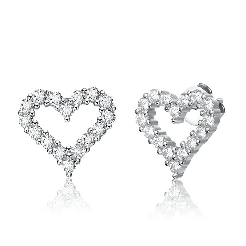 Earrings For Gem Sets-Sterling Silver with 1ctw Lab Created Moissanite French Pave Heart Halo Stud Earrings