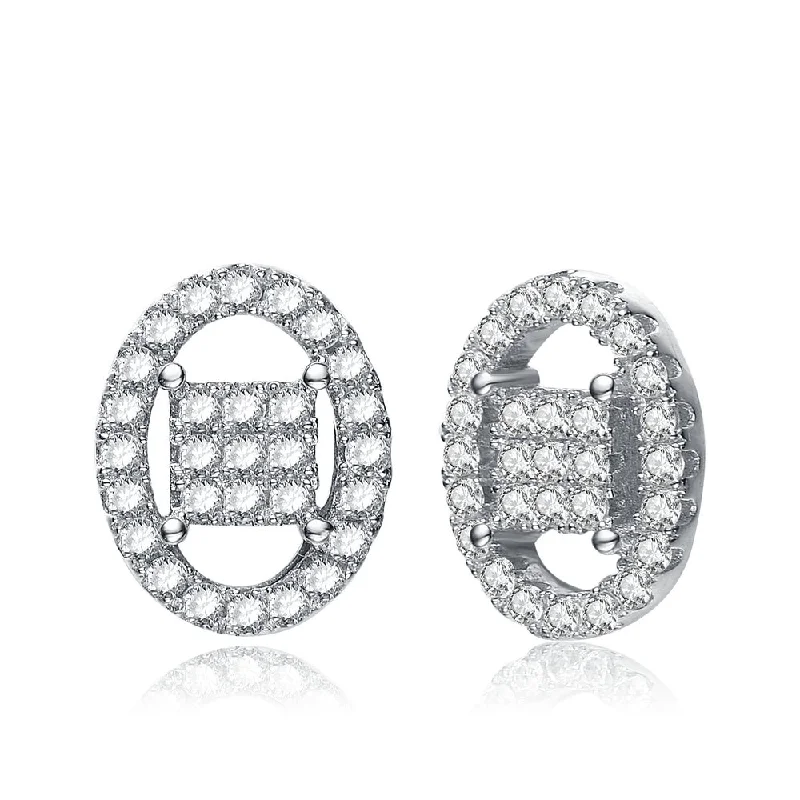 Earrings For Grandmas-C.Z. Sterling Silver Rhodium Plated Oval Shape Earrings