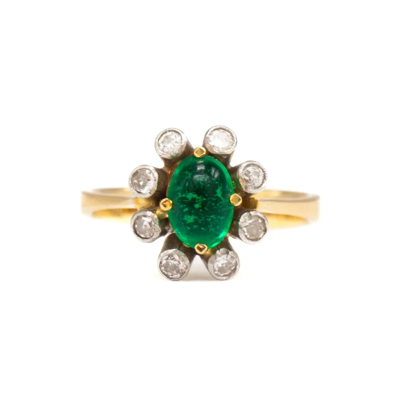 Rings Mend Advice-Retro Emerald Cabochon & Diamond Cluster Ring